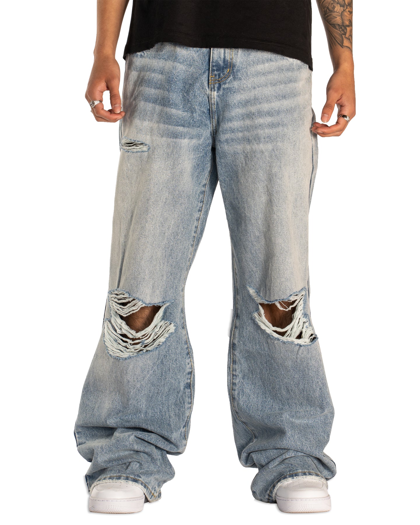 STONE WASHED COLOSSAL CUT BUCKLE DENIM PANT (TORN)