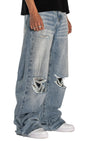 STONE WASHED BAGGY CUT BUCKLE DENIM PANT (TORN)