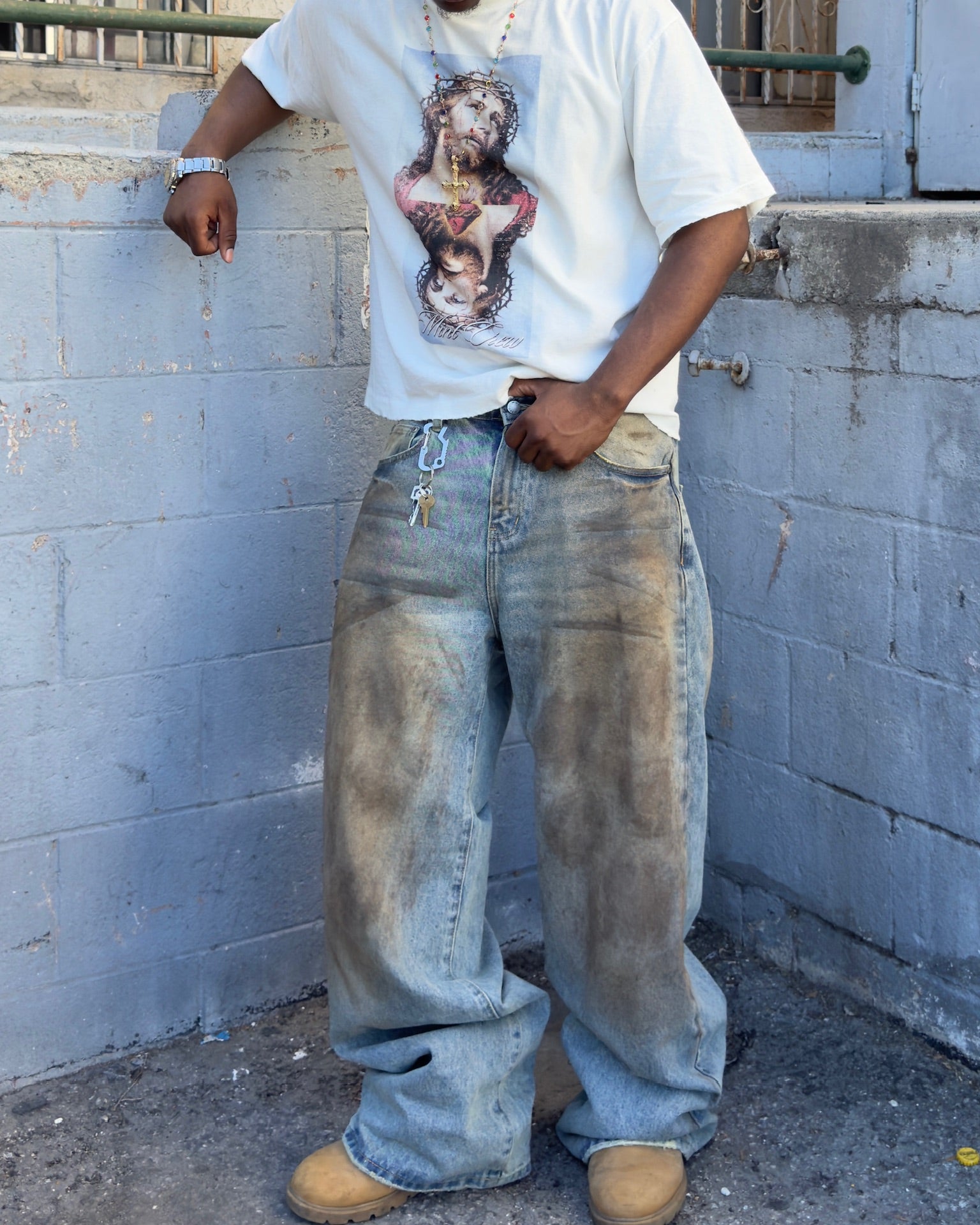 MUD WASHED BAGGY CUT BUCKLE DENIM PANT