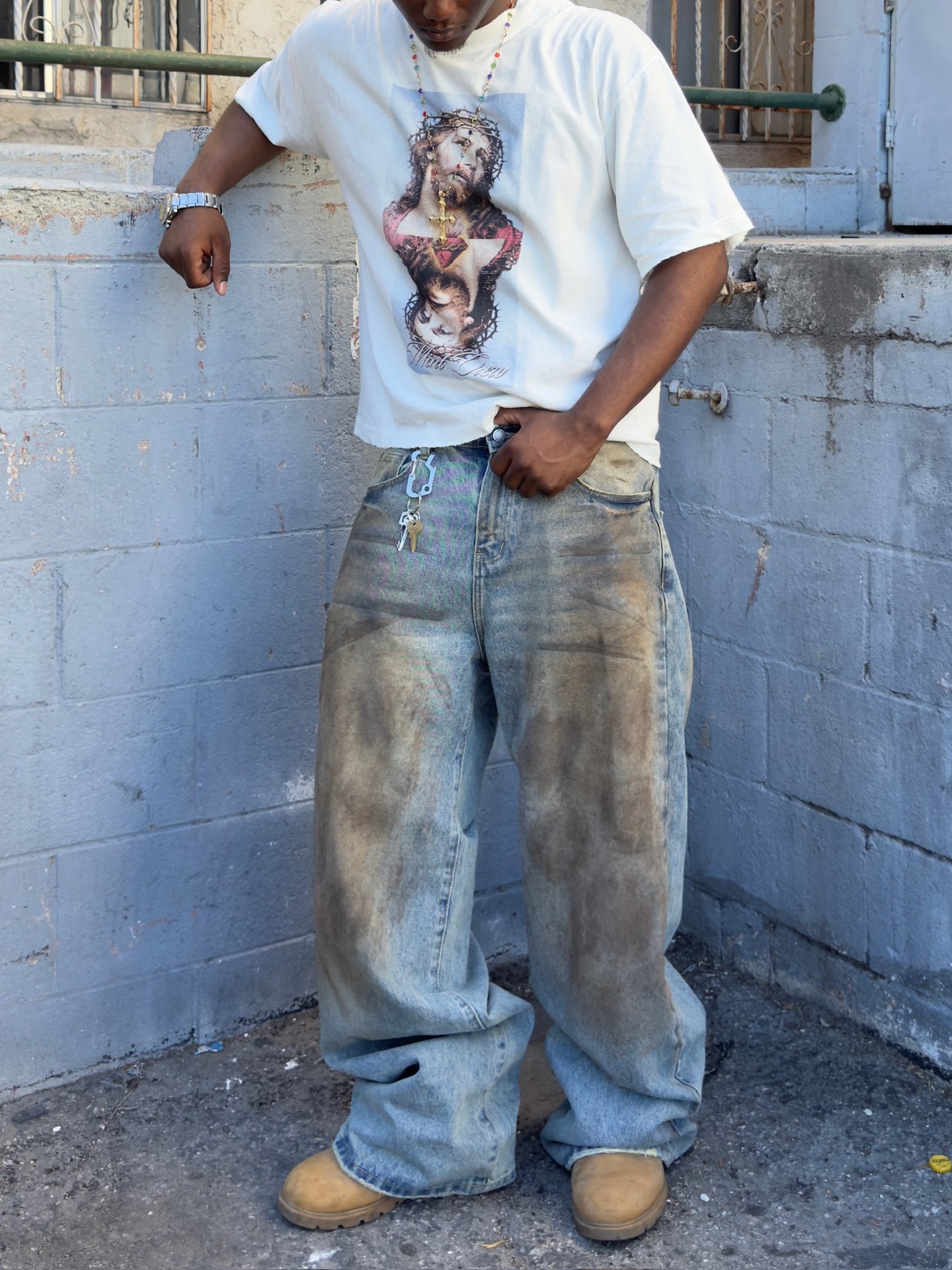 MUD WASHED BAGGY CUT BUCKLE DENIM PANT