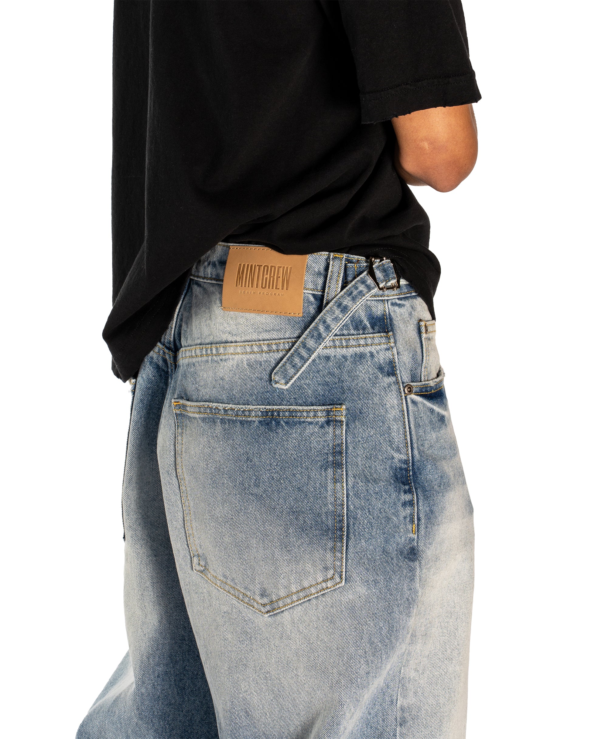 STONE WASHED BAGGY CUT BUCKLE DENIM PANT (TORN)