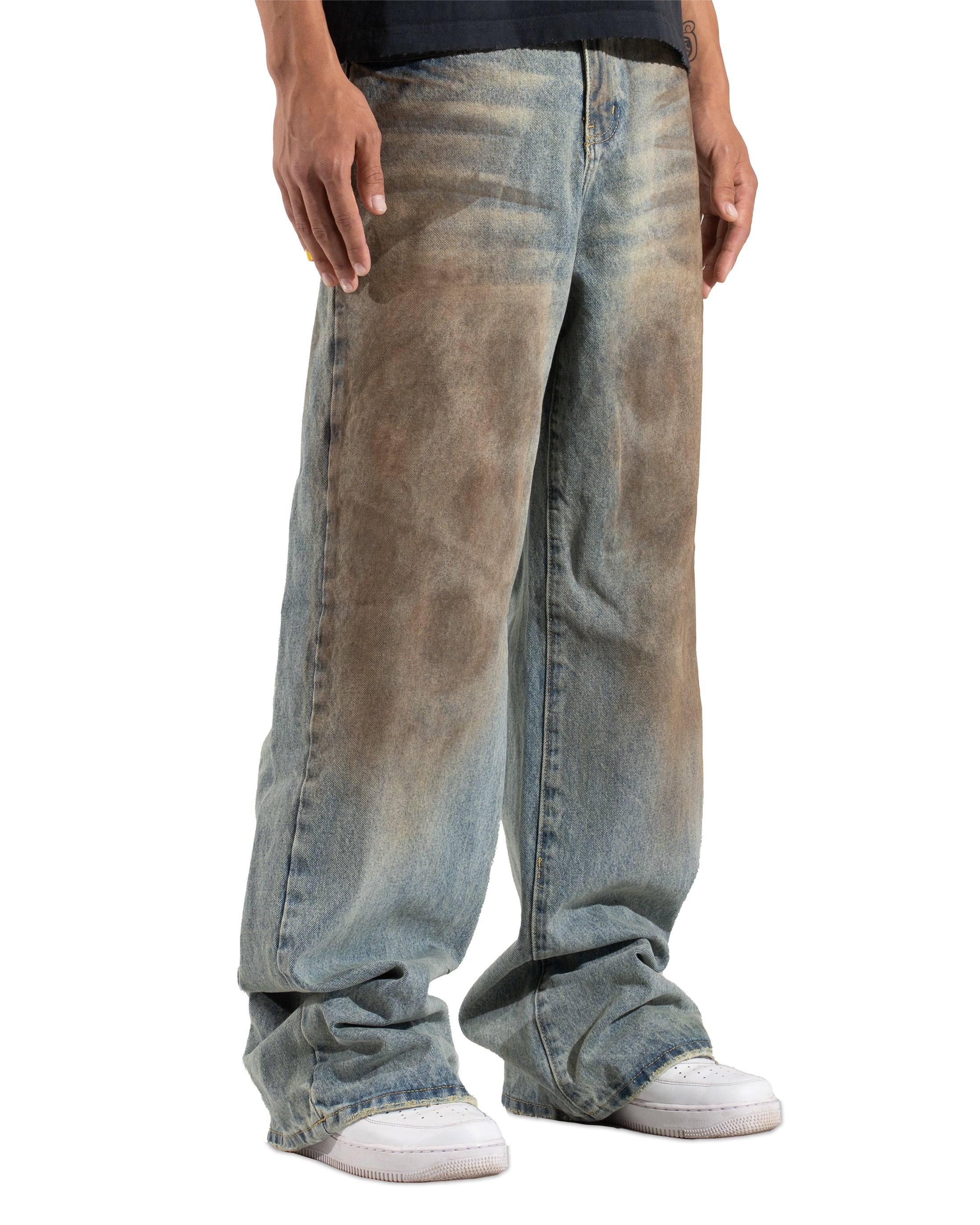 MUD WASHED BAGGY CUT BUCKLE DENIM PANT